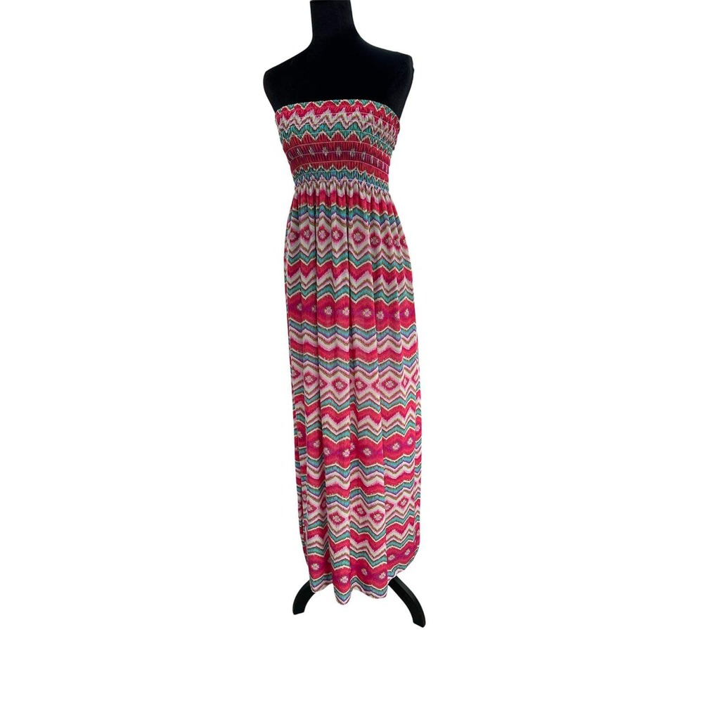 Walgreens Women Strapless Smocked Maxi Dress Multi-Color Chevron Geometric SizeM
